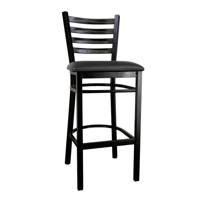 Omcan Metal Ladder Back Bar Height Chair with Black Vinyl Seat – Commercial Restaurant Bar Chair with Black Steel Frame and Upholstered Vinyl Seat Design