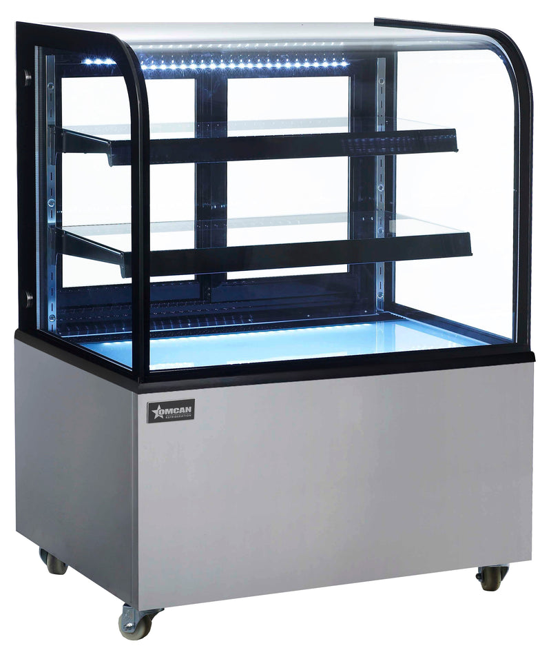 Omcan 36" Dry Bakery & Pastry Merchandiser Display Case with 2 Shelves with Curved Front Glass and Rear Sliding Doors With LED Lighting  – 10.4 Cu. Ft. (295L) - Donut-Supplies.Com