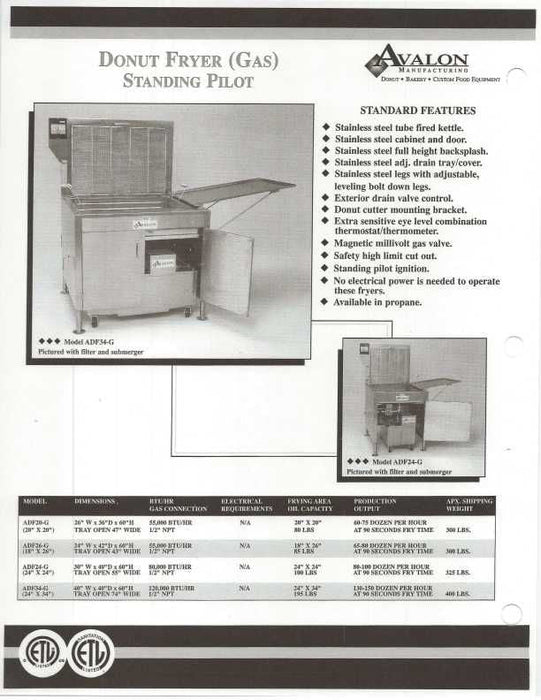 Avalon (ADF24G) 24" x 24" Donut Fryer, Natural Gas, Standing Pilot, No Power, Right Side Drain Board with Submerger Screen