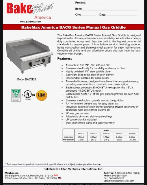 BakeMax America BACG Series Manual Gas Griddle (5 sizes) - Donut-Supplies.Com