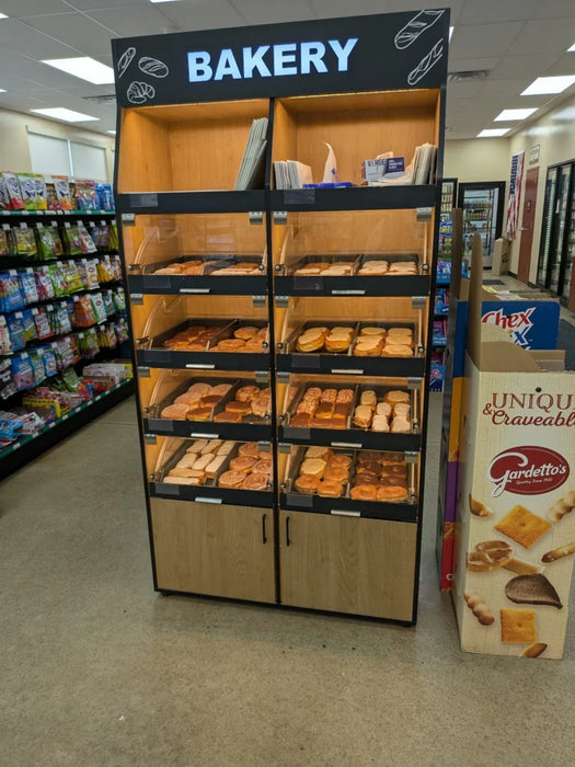 Palram Bakery Backwall Display System with Open Upper Compartments & Lower Storage – 40"W x 78"H x 20"D - Donut-Equipment.com