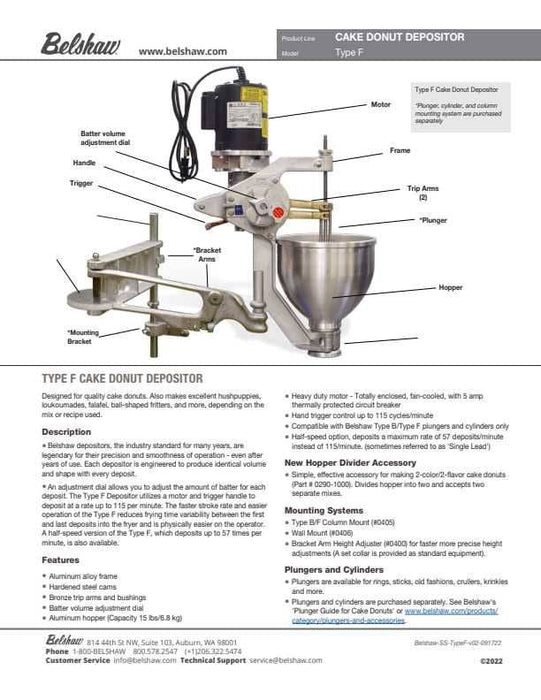 Belshaw Type F Cake Donut Depositor with hopper