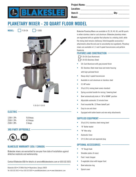 20 Quart Stainless Steel Floor Model Blakeslee Food Mixer Model F-20-SS
