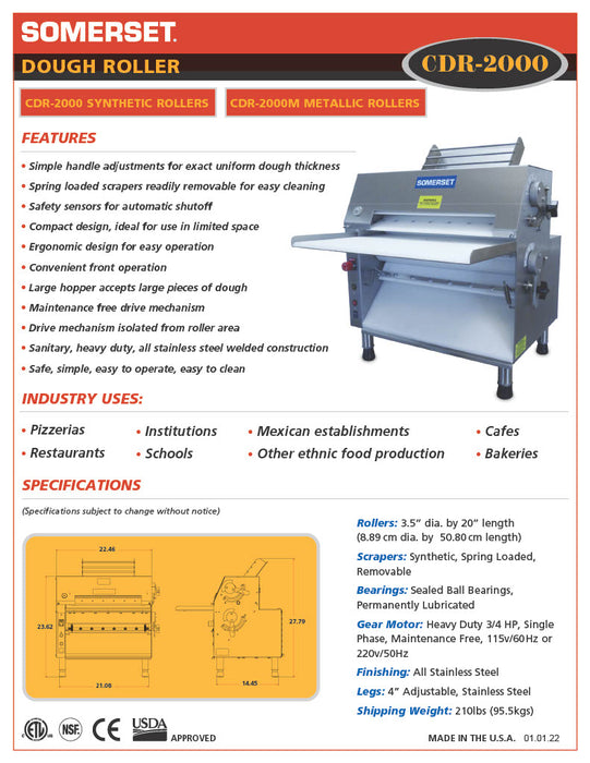 CDR-2000 Dough Roller / Double Pass- Front Operated