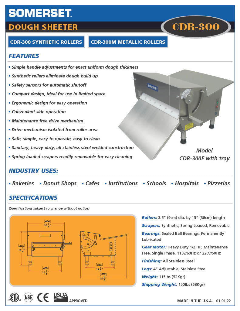 CDR-300 Dough Sheeter 15" wide Table-Top Sheeter - Donut-Supplies.Com