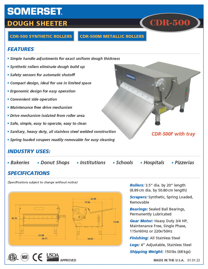 Somerset CDR-500 - Dough Roller Sheeter - 20" Single Pass- Recommended for Donut Dough - Donut-Supplies.Com