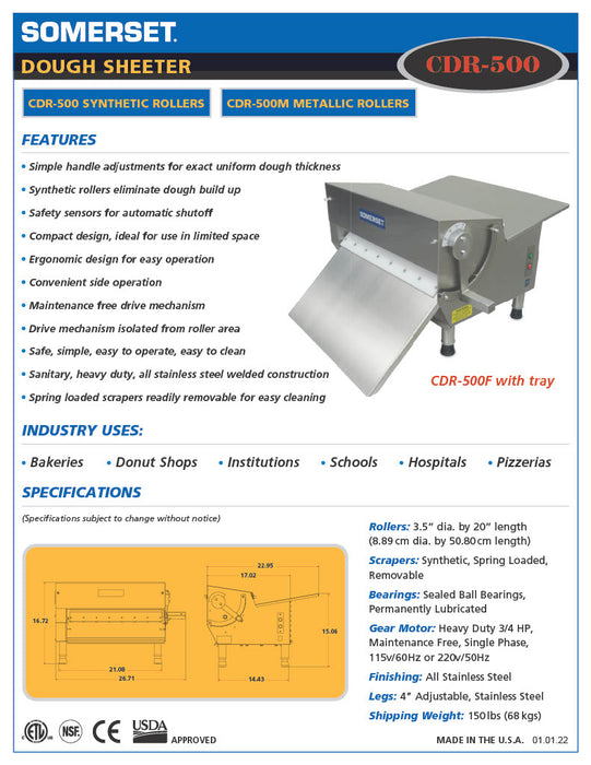 Somerset CDR-500 - Dough Roller Sheeter - 20" Single Pass- Recommended for Donut Dough