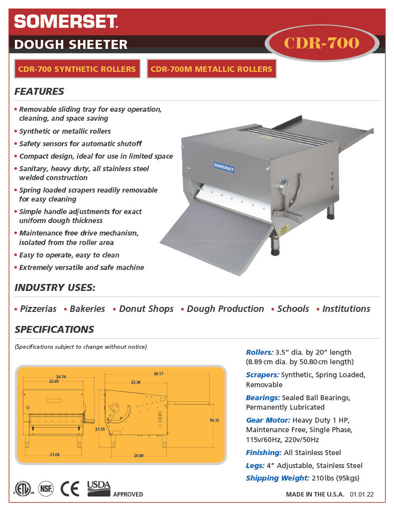 CDR-700 Dough Sheeter featuring 20" Wide Rollers - Donut-Supplies.Com