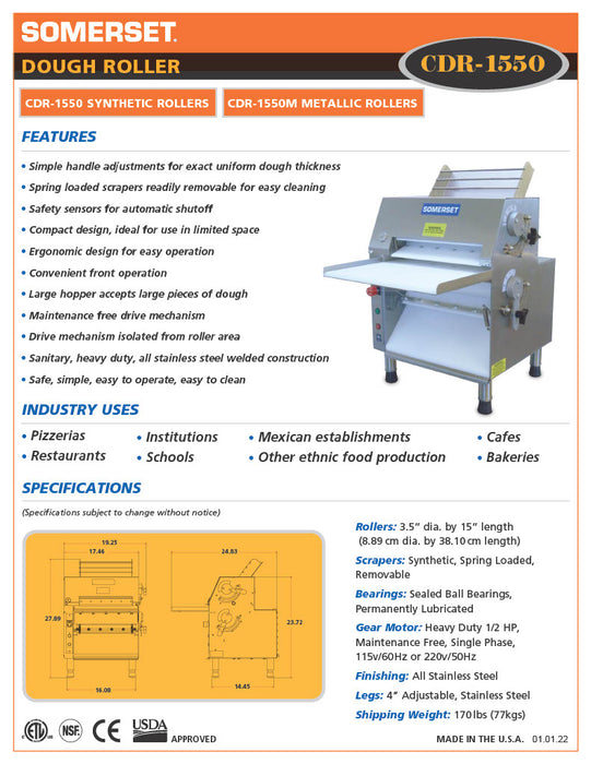 CDR-1550 Dough Roller / Double Pass- Front Operated