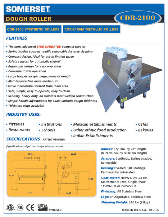 CDR-2100 Dough Roller / Double Pass- Side Operated