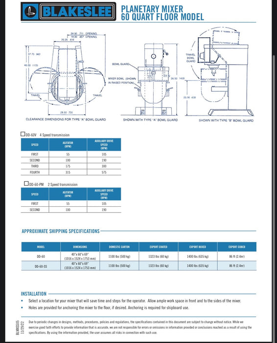 60 Quart Blakeslee Food Mixer Stainless Steel Floor Model DD-60 - Donut-Supplies.Com