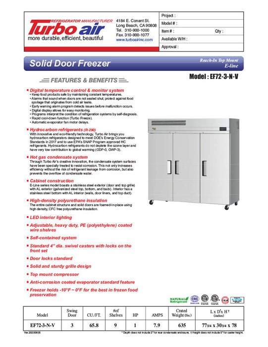 Turbo Air EW72-3-N-V E-Line 78" Solid 3 Door Reach-In Freezer