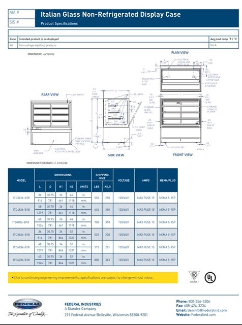 Federal Industries (ITD3634-B18)-Non-Refrigerated- 36" x 52"(H) Full Service Case w/Straight Glass 120V - Donut-Supplies.Com
