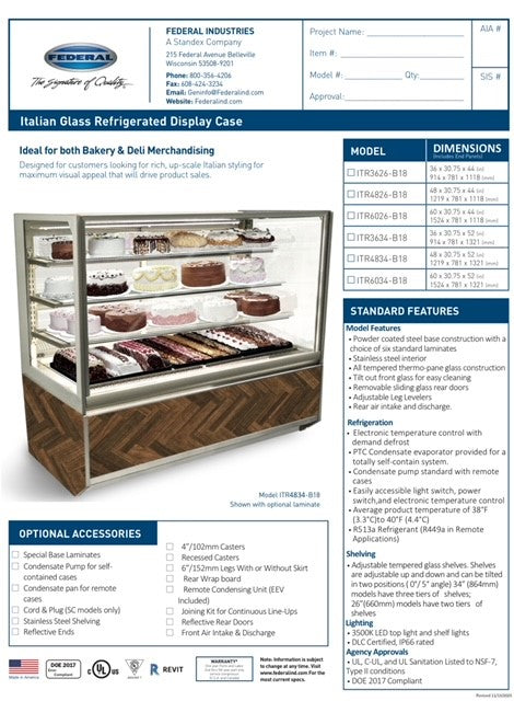 Federal Industries (ITR4834-B18) 52"(H)- 48" Full Service Case w/Straight Glass (Refrigerated) 120V - Donut-Supplies.Com