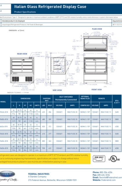 Federal Industries (ITR4834-B18) 52"(H)- 48" Full Service Case w/Straight Glass (Refrigerated) 120V
