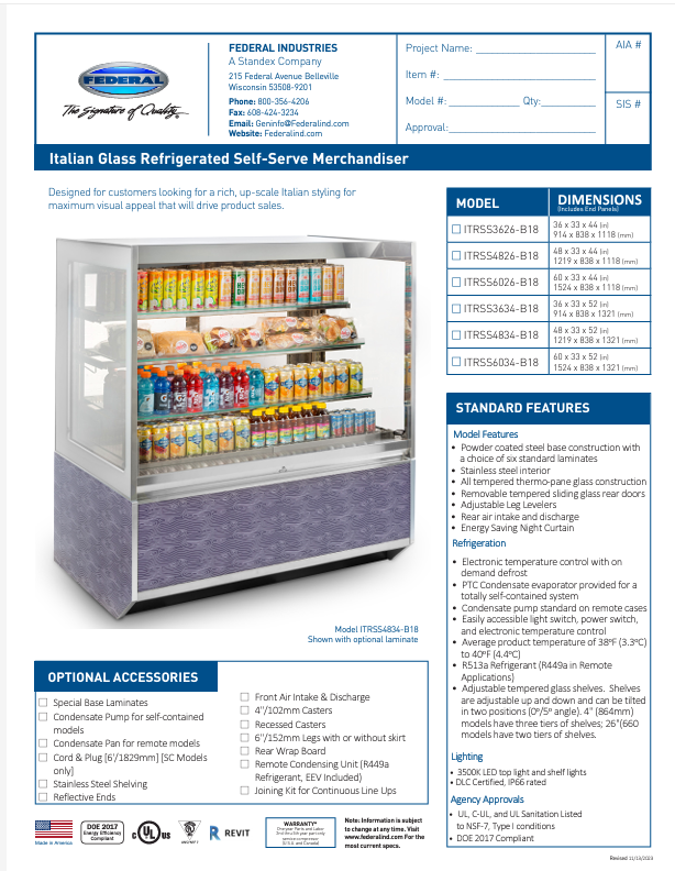 Federal Industries (ITRSS6026-B18)-Italian Series Refrigerated- 60" Self Service Open Air Case w/ Two Shelves 208-240V - Donut-Supplies.Com