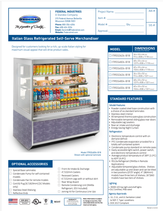 Federal Industries (ITRSS4826-B18)-Italian Series Refrigerated- 48" Self Service Open Air Case w/ Two Shelves 120V