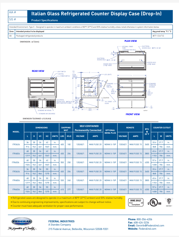 Federal Industries (ITD6026)-Non-Refrigerated- 60" Counter Case w/Straight Glass 120V - Donut-Supplies.Com