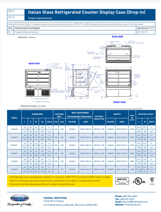 Federal Industries (ITD4834)-Non-Refrigerated- 48" x 34"(H) Counter Case w/Straight Glass 120V