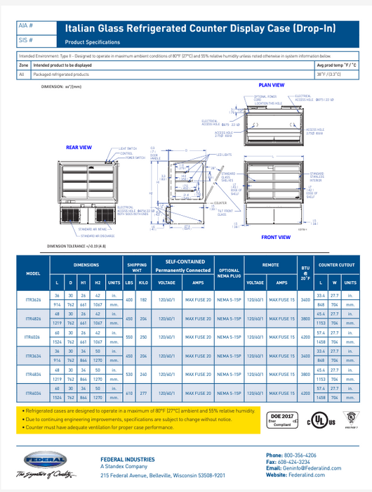 Federal Industries (ITD3634)-Non-Refrigerated- 36" x 34"(H) Counter Case w/Straight Glass 120V