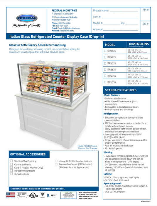 Federal Industries (ITR6026)-Refrigerated Drop In- 60" Counter Case w/Straight Glass 120V