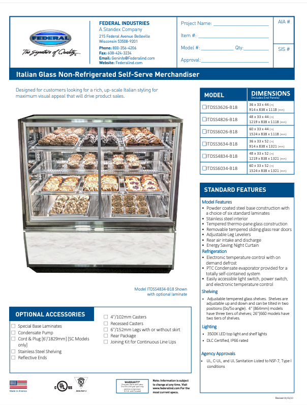 Federal Industries (ITDSS6034-B18)-Non-Refrigerated-(Sliding Doors on Front) 48" x 52"(H) Self Service Case w/Straight Glass 120V (Copy) - Donut-Supplies.Com
