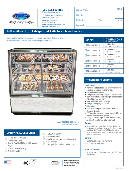 Federal Industries (ITDSS6026-B18)-Non-Refrigerated-(Sliding Doors on Front) 60" Self Service Case w/Straight Glass 120V