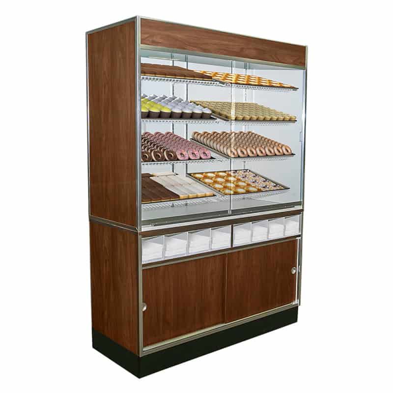 Jahabow Bakery Wall Display Case 58.5"L x 24"D x 83.5"H – Aluminum, Tempered Glass, w/ 4 Shelves, Non-Refrigerated - Donut-Supplies.Com