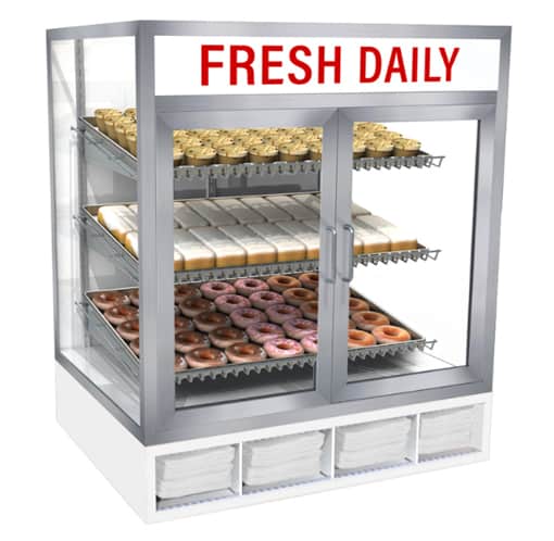 Jahabow 92500 Series 31"L x 24"D x 36"H Countertop Donut/Pastry Display Case – Aluminum, Tempered Glass, w/ 3 Shelves, Non-Refrigerated - Donut-Supplies.Com