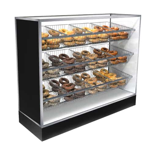 Jahabow BMB Series 75.375"L x 22"D x 50"H Bagel Merchandiser Display Case – Aluminum, Tempered Glass, w/ 3 Fixed Rows, Non-Refrigerated - Donut-Supplies.Com