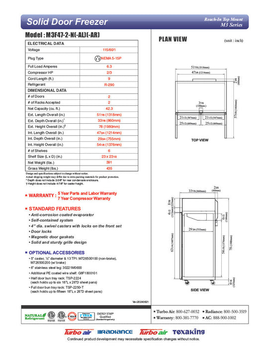 Turbo Air M3F47-2-N M3 Series 52" Stainless Steel Reach-In Freezer - Donut-Equipment.com