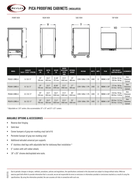 Bevles Proof-Box Model: PICA70-32-A-1L2 (120V) Left Hinged 2 Door Proofing Cabinet (Non Insulated)