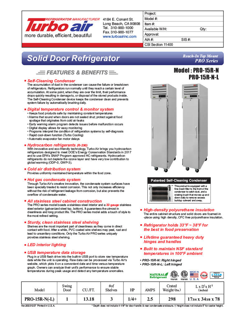 Turbo Air PRO-15R-N 17 3/4" One Section Reach In Refrigerator - (1) Right Hinge Solid Door, 115v - Donut-Equipment.com