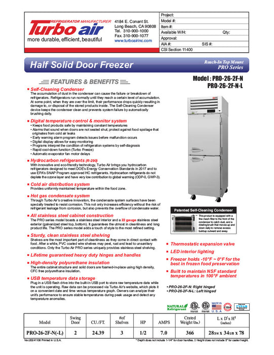 Turbo Air PRO-26-2F-N 29" Premiere Pro Series Solid Half Door Reach in Freezer - Donut-Supplies.Com