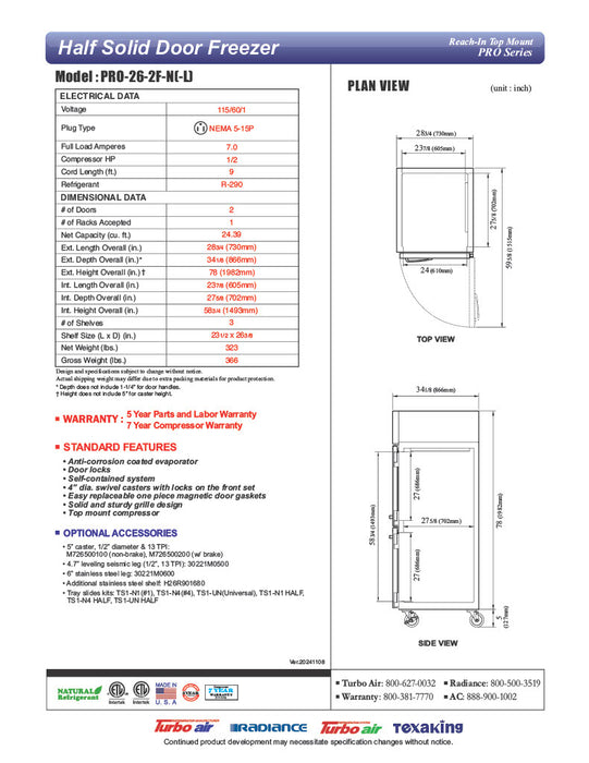 Turbo Air PRO-26-2F-N 29" Premiere Pro Series Solid Half Door Reach in Freezer - Donut-Supplies.Com