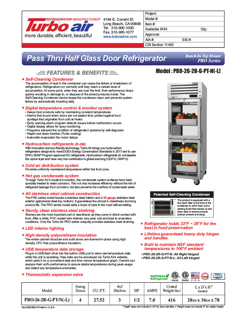 Turbo Air PRO-26-2R-G-PT-N 28 3/4" One Section Pass Thru Refrigerator, (4) Right Hinge Glass Doors, 115v - Donut-Equipment.com