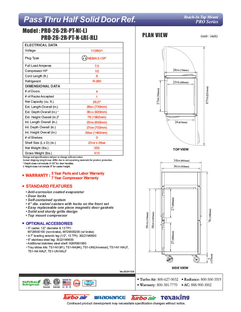 Turbo Air PRO-26-2R-PT-N Pro Series 29" Solid Half Door Pass-Through Refrigerator - Donut-Equipment.com