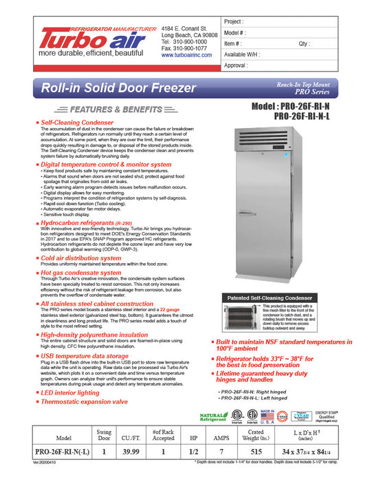 Turbo Air PRO-26F-RI-N 35" Premiere Pro Series Solid Door Roll-In Freezer - Donut-Supplies.Com