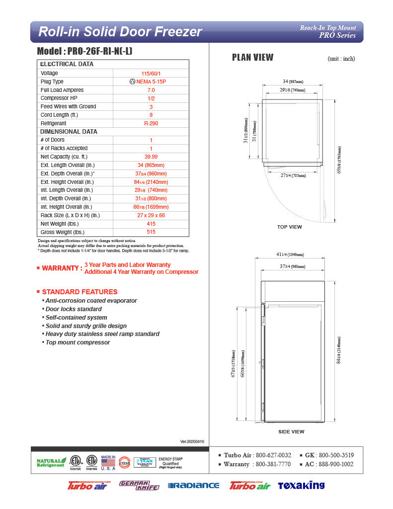 Turbo Air PRO-26F-RI-N 35" Premiere Pro Series Solid Door Roll-In Freezer - Donut-Supplies.Com