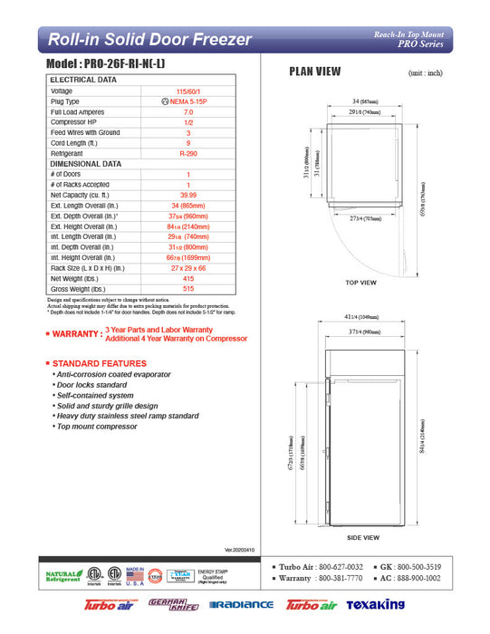 Turbo Air PRO-26F-RI-N 35" Premiere Pro Series Solid Door Roll-In Freezer - Donut-Supplies.Com