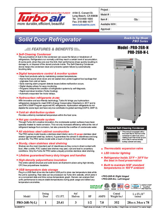 Turbo Air PRO-26R-N 29" Premiere Pro Series Solid Door Reach in Refrigerator - Donut-Supplies.Com