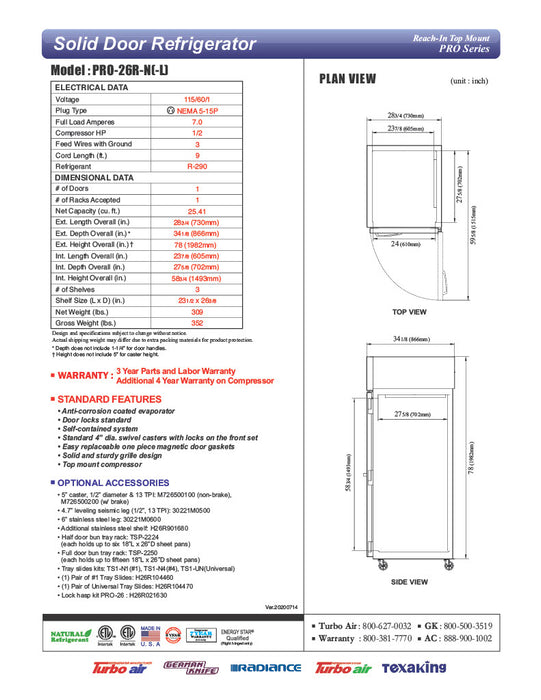 Turbo Air PRO-26R-N 29" Premiere Pro Series Solid Door Reach in Refrigerator - Donut-Supplies.Com