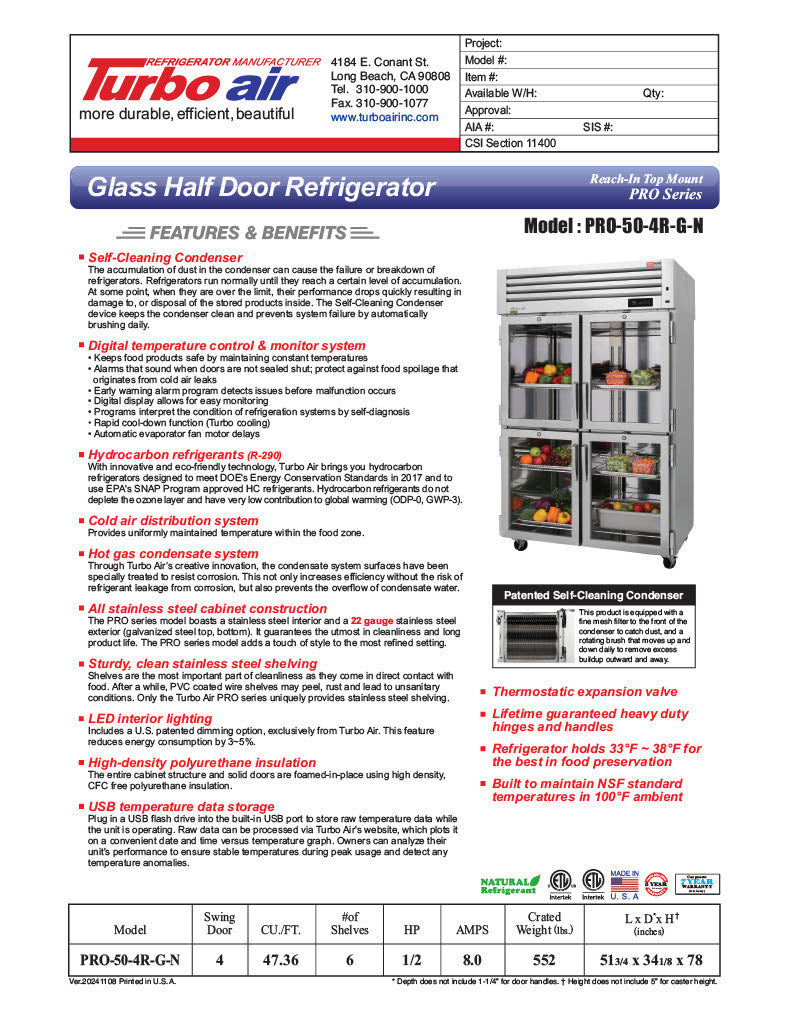 Turbo Air PRO-50-4R-G-N 51 3/4" Two Section Reach In Refrigerator, (4) Right Hinge Glass Doors, 115v - Donut-Equipment.com