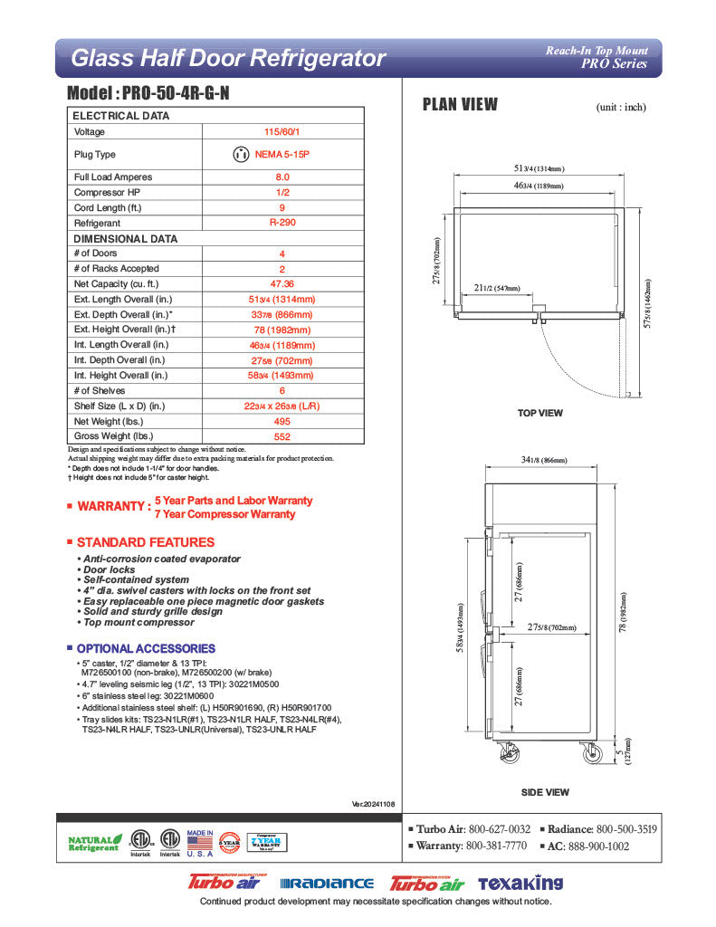 Turbo Air PRO-50-4R-G-N 51 3/4" Two Section Reach In Refrigerator, (4) Right Hinge Glass Doors, 115v - Donut-Equipment.com