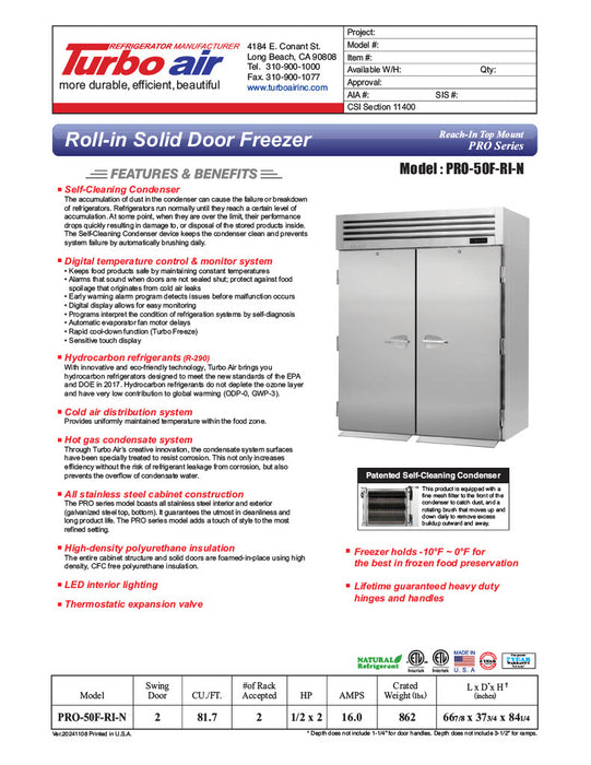 Turbo Air PRO-50F-RI-N 67" Premiere Pro Series Solid Door Roll-In Freezer - Donut-Supplies.Com