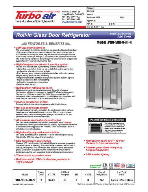 Turbo Air PRO-50R-G-RI-N PRO Series Refrigerator Roll-in Two-section - Donut-Supplies.Com