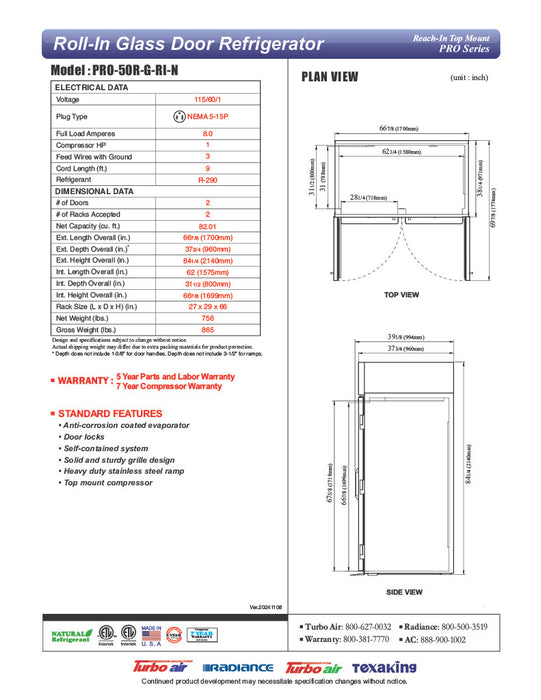 Turbo Air PRO-50R-G-RI-N PRO Series Refrigerator Roll-in Two-section - Donut-Supplies.Com