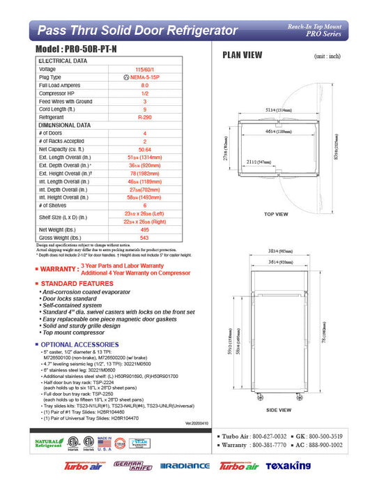 Turbo Air PRO-50R-PT-N 52" Premiere Pro Series Solid Door Pass-Through Refrigerator - Donut-Equipment.com