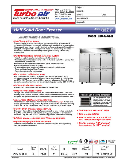 Turbo Air PRO-77-6F-N 78" Premiere Pro Series Solid Half Door Reach in Freezer - Donut-Supplies.Com