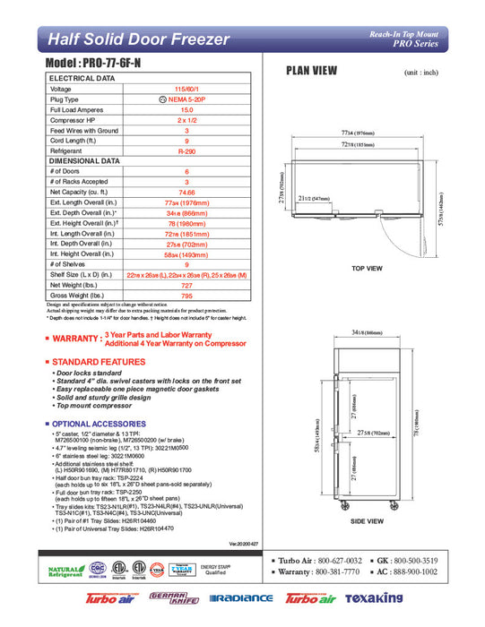Turbo Air PRO-77-6F-N 78" Premiere Pro Series Solid Half Door Reach in Freezer - Donut-Supplies.Com